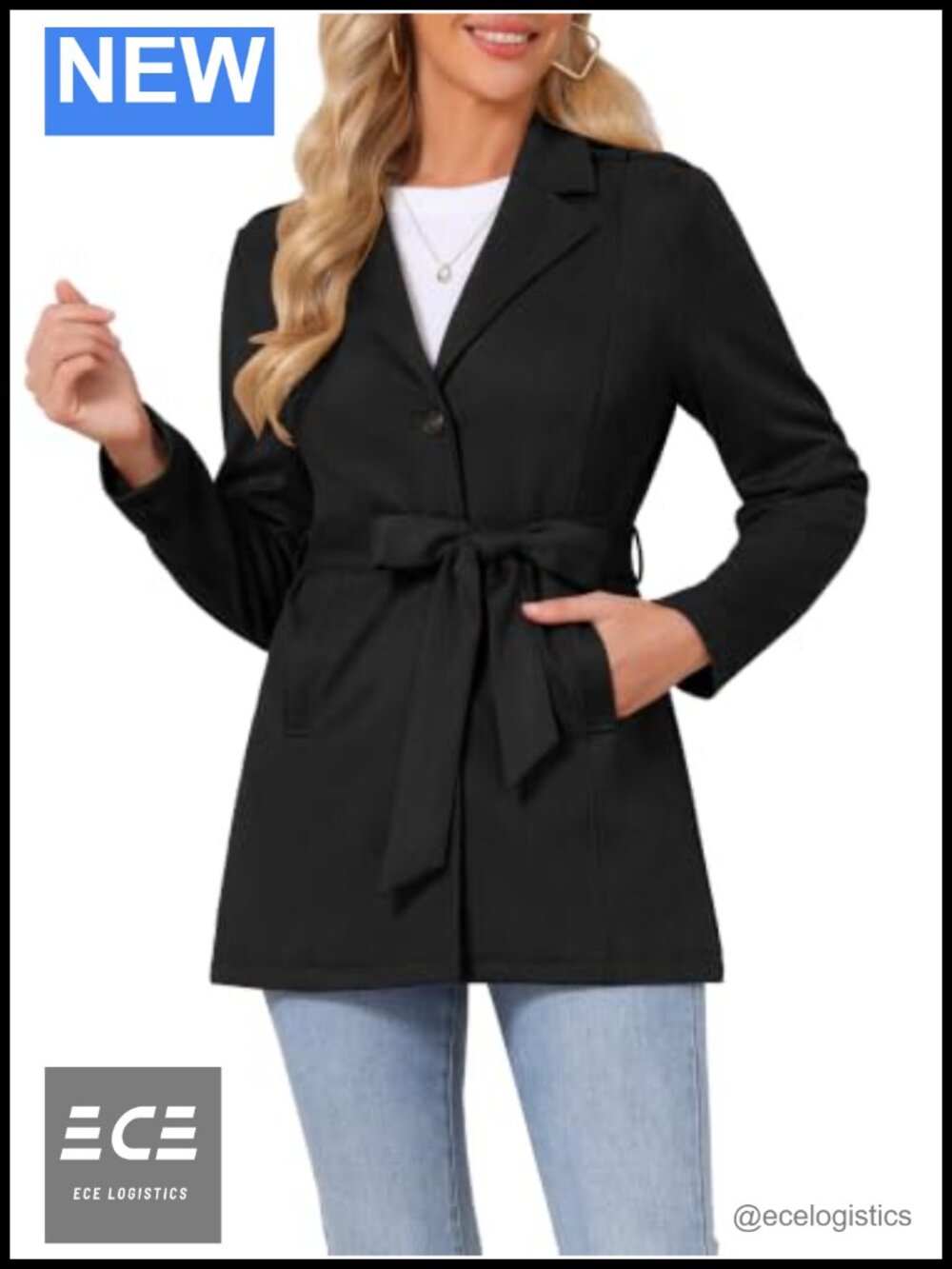 Faux Suede Belted Blazer Jacket Long Sleeve Work Office Coat with Pockets